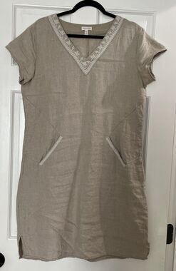 Garnet Hill Linen Embroidered Dress 10 Natural Tan Pockets Minimalist Earthy